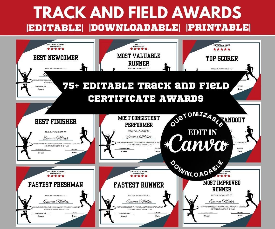 Printable Running Award Certificate Team Awards Bundle Editable Track ...