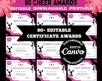 May include: A collection of eight editable cheerleading certificate awards with a pink and black design. Each certificate features a cheerleader silhouette and text such as "Best Jumps" and "Best Tumbler". The certificates are downloadable and customizable.