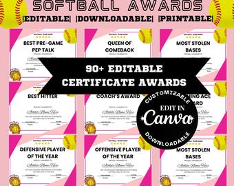 Editable Softball Awards: 100 Team Certificates (Digital Download)