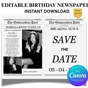 Bearbeitbare Geburtstagszeitung Quinceamaßeinladung, Geburtstags-Fotoshooting-Idee, 15
