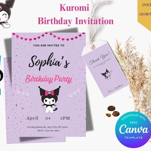 May include: A lavender Kuromi birthday invitation with the text "Sophia's Birthday Party." The invitation includes a matching tag that says "Thank You!" and a Canva template logo. The invitation is decorated with hearts and a Kuromi character.