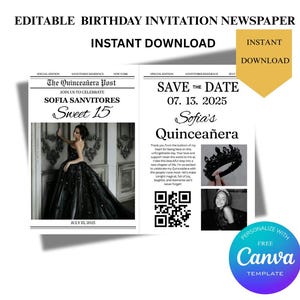 Bearbeitbare Quinceaña Geburtstag Zeitungsvorlage, Sweet 15 Geburtstagskind, Geburtstagseinladung, bearbeitbarer Zeitungsdruck, benutzerdefinierter Geburtstag