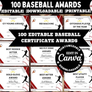 Editable Baseball Awards: 100 Printable Team Certificates (Digital Download)
