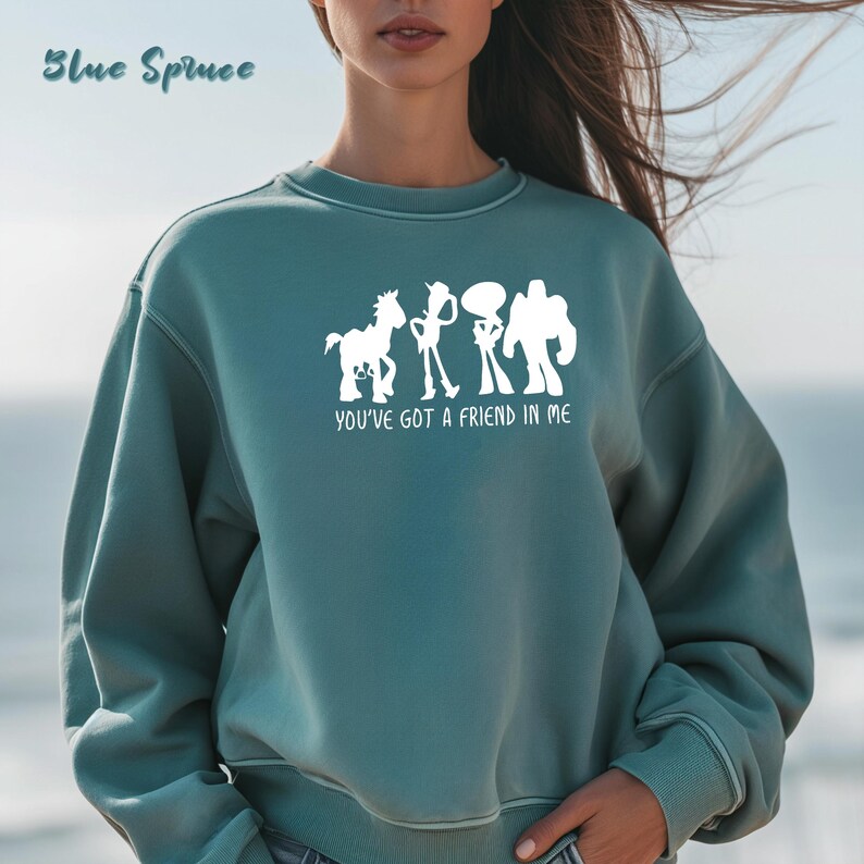 May include: Teal sweatshirt with white graphic of cartoon characters and the text "YOU'VE GOT A FRIEND IN ME". The words "Blue Spruce" are in the upper left corner. The sweatshirt has a crew neck and long sleeves.