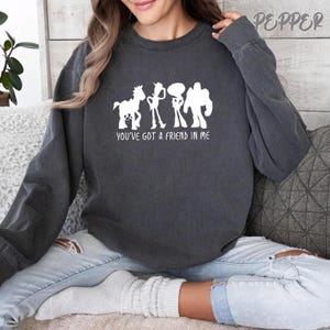 May include: Dark gray sweatshirt with a white graphic of four cartoon characters and the text "YOU'VE GOT A FRIEND IN ME". The sweatshirt is a crew neck style and has long sleeves.