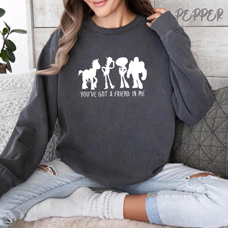 May include: Dark gray sweatshirt with a white graphic of four cartoon characters and the text "YOU'VE GOT A FRIEND IN ME". The sweatshirt is a crew neck style and has long sleeves.