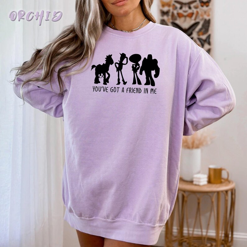 May include: A light purple sweatshirt with a black graphic of four cartoon characters and the text "YOU'VE GOT A FRIEND IN ME". The sweatshirt has long sleeves and a crew neck.