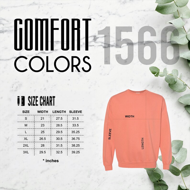 May include: Coral-colored sweatshirt with a size chart and the words "COMFORT COLORS" in black. The size chart shows measurements in inches for width, length, and sleeve length. The number "1566" is in the background.