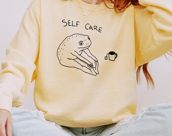 Funny Frog Self Care Sweatshirt, Funny Frog Self Care Retro Sweatshirt, Funny Frog Sweatshirt, Cottagecore Frog Sweatshirt, Positive Vibe