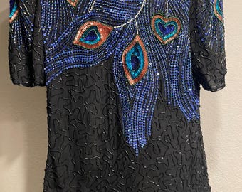 VINTAGE LAURENCE KAZAR Beaded Peacock Feather Silk Shirt | 80s Black Blue Sequined Short Sleeve Top | Size Small | Evening Glam