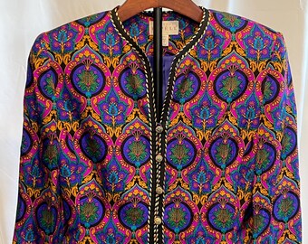 Vintage 80s Adrianna Papell 100% Silk Paisley Blazer | Jewel Tone Statement Jacket | Size 6 | Ornate Black Braided Trim | Evening Wear