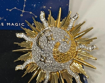 Vintage Swarovski Crystal Sun Moon Stars Celestial Brooch - Signed Designer Pin Gold Tone
