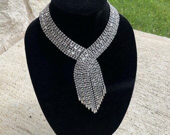 Stunning Vintage Art Deco Crystal Rhinestone Statement Necklace - Rare Tie Front Design - Collector’s Piece