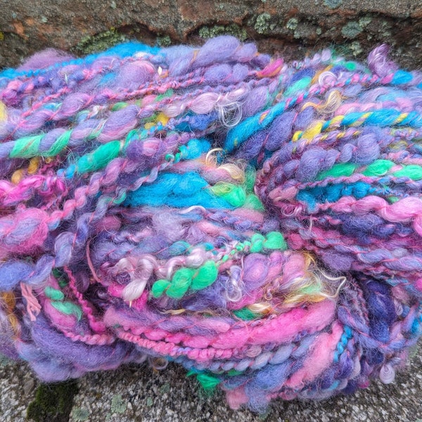 Handspun yarn wool from local farms 90 yard 6 oz ea  soft lavender pink colorful bits garden party fibers free shipping