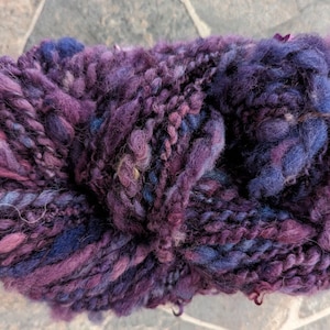 Handspun art yarn local wool Huckleberry Time 90yds 7oz ea soft squishy purples raspberry garden party fibers free shipping