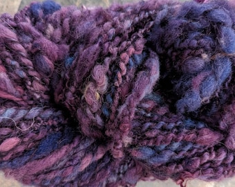 Handspun art yarn local wool Huckleberry Time 90yds 7oz ea soft squishy purples raspberry garden party fibers free shipping