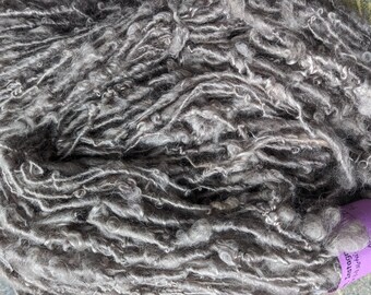 Handspun art yarn walnut iron dyed kid mohair corespun locks 90yds 7oz ea soft glistening steely grey color garden party fibers free shippin