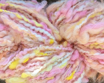 Handspun art yarn alpaca Misty 90 yards 7 oz each peach pink yellow lock spun soft garden party fibers free shipping