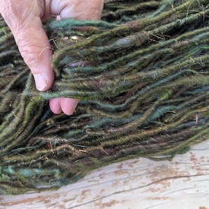 Handspun Art Yarn: Wool, Silk & Angelina - Deep Forest Greens 110 Yards