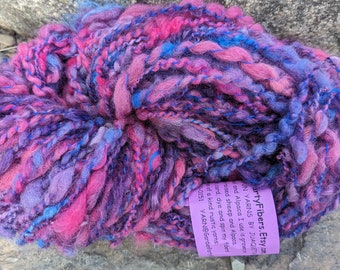 handspun art yarn local wool 90 yds 6oz ea Aura Borealis deep purple, lavender, pink, blue soft garden party fibers free shipping