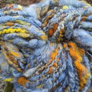 Hand spun art yarn local wool kid mohair alpaca gold lurex plyd Brigid's Sunrise blue gold 90yds 6oz ea garden party fibers free shipping