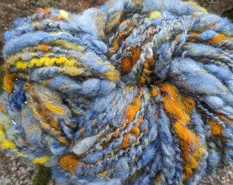 Hand spun art yarn local wool kid mohair alpaca gold lurex plyd Brigid's Sunrise blue gold 90yds 6oz ea garden party fibers free shipping