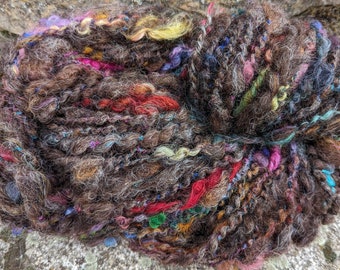 Handspun art yarn wool kid mohair locks spun 90 yards 6 oz ea Bubbas Jewels garden party fibers free shipping