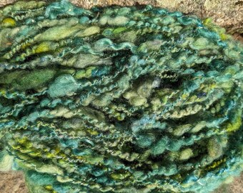 Handspun art yarn wool from local farms 90yds thick 7oz ea Pot of Gold greens gold lurex soft rustic green garden party fibers free shipping
