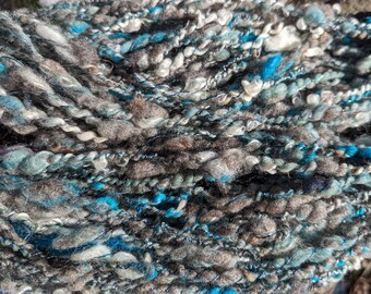 Handspun art yarn wool from local farms 90 yds 6oz ea Glacier Ice grey aqua white silver lurex garden party fibers free shipping