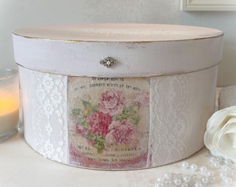 Faded pink  French country style decorative storage- hat box  hand painted lace  vintage feel