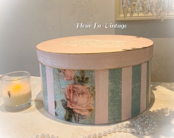 French country fade  pink  color   Stripes decorative storage hat box vintage feel