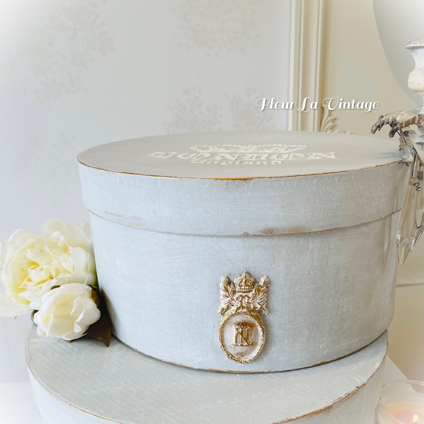 Parisian  faded grey French style decorative storage - hat box hand painted vintage feel