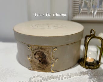 Parisian  chateau color French style decorative storage - hat box hand painted vintage feel