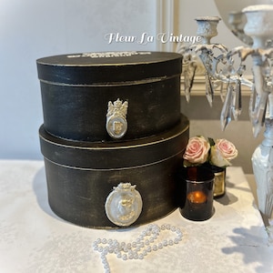 Dark brown French style decorative storage  - hat box hand painted vintage feel
