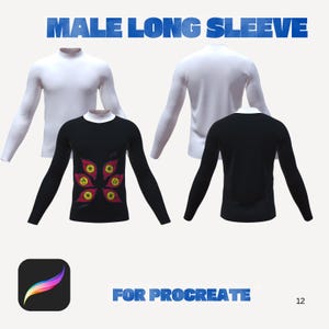 May include: The image displays four long-sleeve shirts. Two are white, and two are black. One black shirt has a colorful floral design. The text "MALE LONG SLEEVE" and "FOR PROCREATE" are visible. A Procreate app icon is also present.