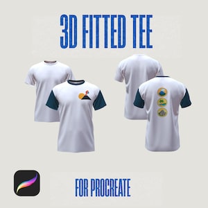 May include: White 3D fitted tee shirts with dark teal sleeves and a mountain graphic. The shirts have the text "3D FITTED TEE" and "FOR PROCREATE" in blue. The Procreate app logo is in the bottom left corner.