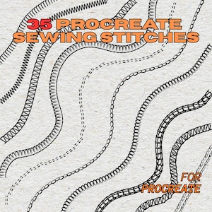 Puede incluir: Ilustración de varias puntadas de costura negras sobre un fondo texturizado blanquecino. El texto "35 PROCREATE SEWING STITCHES" se muestra en naranja, con "FOR PROCREATE" en la esquina inferior derecha.
