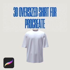 May include: A white, oversized t-shirt with short sleeves. The text "3D OVERSIZED SHIRT FOR PROCREATE" is displayed in blue. The Procreate app icon is in the lower left corner.