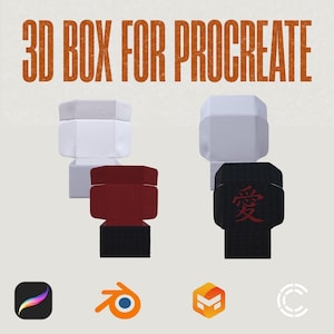 Op de afbeelding: De afbeelding toont de tekst "3D BOX FOR PROCREATE" in oranje. Er worden vier 3D-boxmodellen weergegeven, twee witte, één rode en één zwarte met een rood Japans karakter. Pictogrammen voor Procreate, Blender en andere software staan onderaan.
