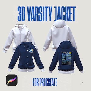 May include: Image features a white and a navy blue 3D varsity jacket design. The navy jacket has a patch on the front and a Van Gogh painting on the back. Text reads "3D VARSITY JACKET" and "FOR PROCREATE".