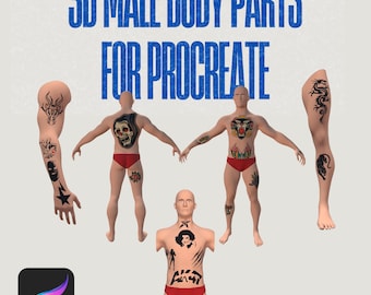 May include: Digital art assets featuring 3D male body parts with tattoos, including arms, legs, and torsos. The text "3D MALE BODY PARTS FOR PROCREATE" is displayed in blue. A Procreate app icon is in the lower left corner.