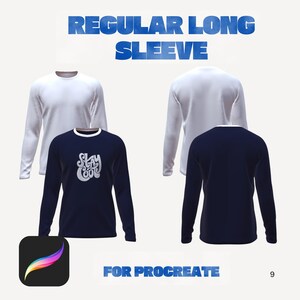May include: A display of long-sleeve shirts, including a white and a navy blue shirt with the text "Stay Cool". The shirts are presented with both front and back views. The text "Regular Long Sleeve" and "For Procreate" are also visible.