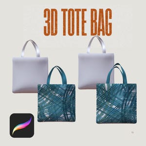 May include: The image showcases four tote bags. Two are solid light gray with white handles, and two feature a teal abstract pattern with teal handles. The text "3D TOTE BAG" is displayed in orange. A Procreate app icon is in the lower left corner.