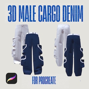 May include: Image features 3D cargo denim pants in white and navy blue. The pants have multiple pockets and a white trim. The text "3D MALE CARGO DENIM" and "FOR PROCREATE" are displayed in blue.
