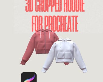 Maqueta 3D de sudadera corta con capucha para Procreate iPad: Diseño personalizable para mujer (descarga digital)