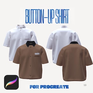 May include: Image features two button-up shirts, one white and one brown with a black collar. The brown shirt has a small logo on the chest. The text "BUTTON-UP SHIRT" and "FOR PROCREATE" are displayed in blue.
