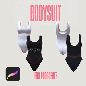 May include: Image features four bodysuits: two white and two black. One black bodysuit has a red trim and a silver design. The other black bodysuit has a red trim. The text "BODYSUIT" and "FOR PROCREATE" are in pink.