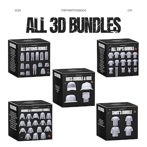 May include: An advertisement for 3D clothing bundles. Five black boxes are displayed, each showcasing a different clothing category: bottoms, tops, hats, hoodies & long sleeves, and shirts. The text "ALL 3D BUNDLES" is prominent, with "THEPOINTSTUDIOCO" at the top.