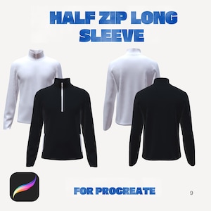 May include: A product image showcasing a black and white half-zip long sleeve shirt. The shirts are displayed from multiple angles, highlighting the design and fit. The text "HALF ZIP LONG SLEEVE" and "FOR PROCREATE" are visible in the image.