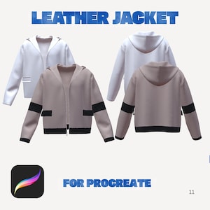 May include: Four leather jackets are displayed, two white and two tan with black sleeve details. The image includes the text "LEATHER JACKET" and "FOR PROCREATE". A Procreate app icon is visible in the lower left corner. The jackets have hoods.